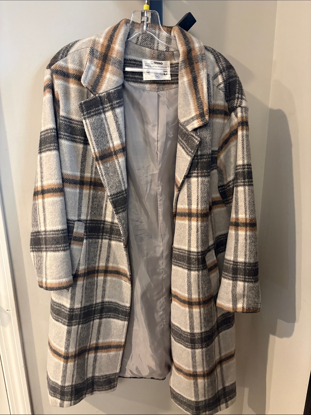 Ci Sono Plaid Pea Coat in Cream, Gray and Tan